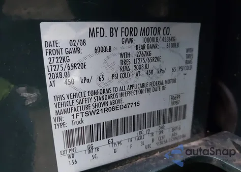 2008 Ford F250 Super Duty z USA, uszkodzony, nr VIN 1FTSW21R08ED47715